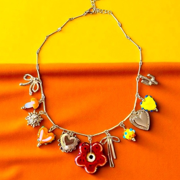 Jewelry - Vibrant Gold Toned Autumn inspired charm necklace Glass Ceramic Enamel charms